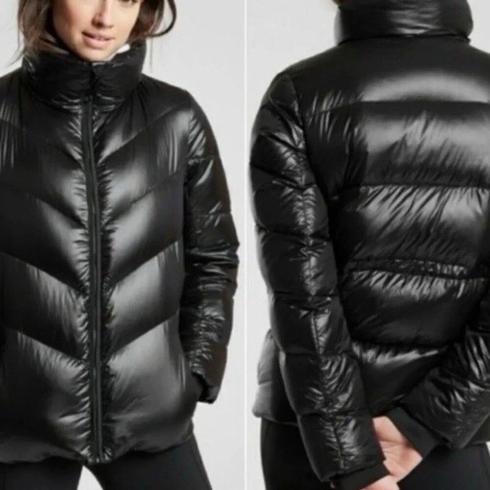 Athleta Womens Black Puffer Jacket Coat Womens LT Large Tall 90% Goose Down Fill